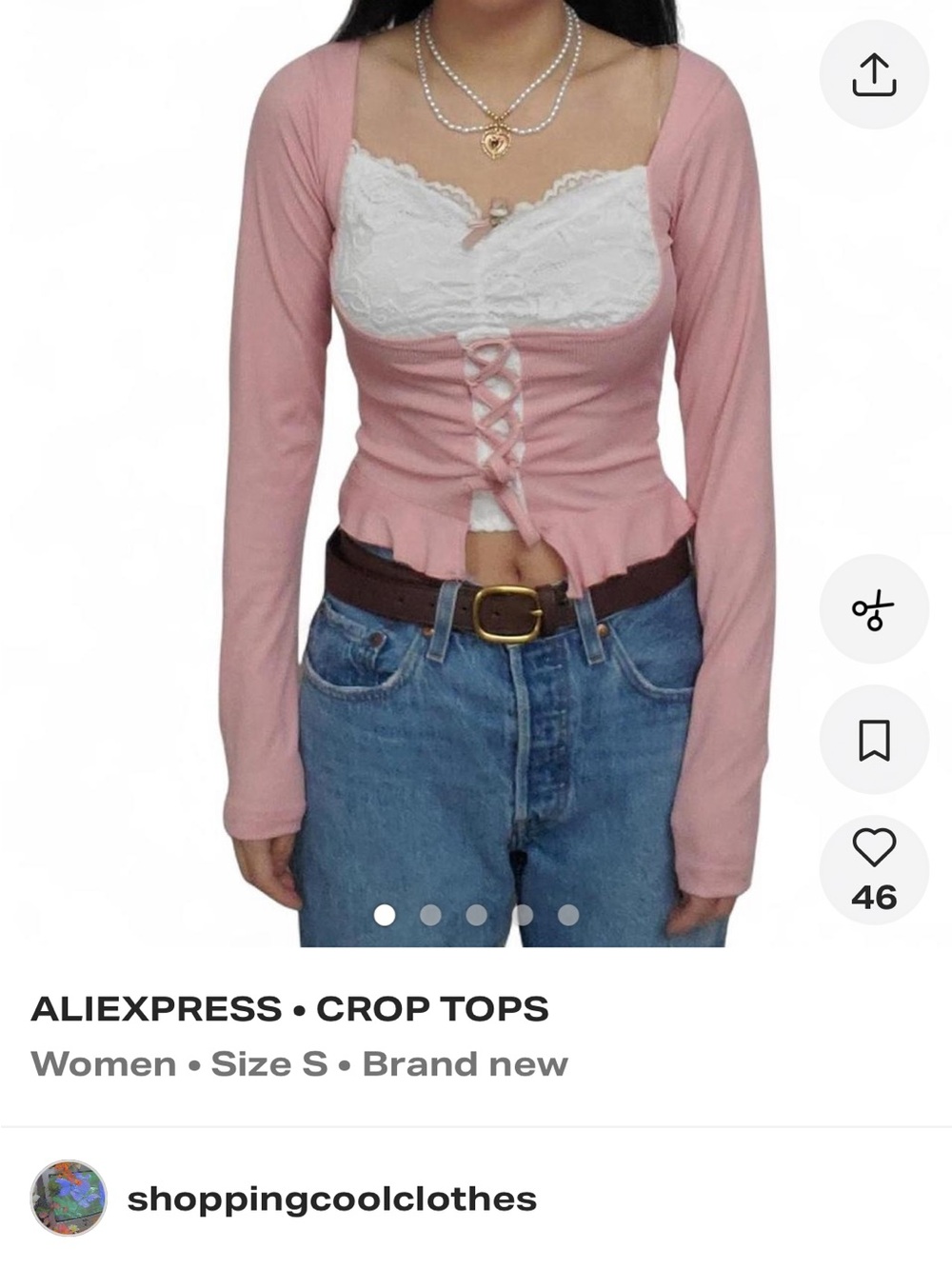 Pink Long Sleeve White Floral Lace Detail Lace Up Cropped Women's Top